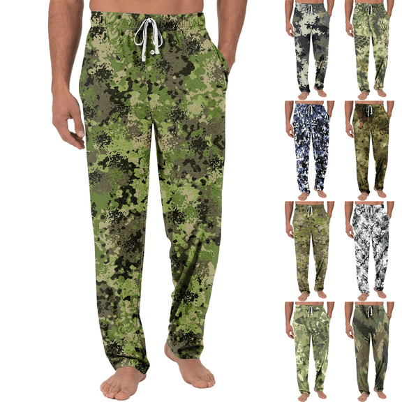 Men's Knitted Fashionable Printed Pocket Casual Pants, Camouflage Pajama Pants for Home, Sleep and Lounge Wear,Army Green,L