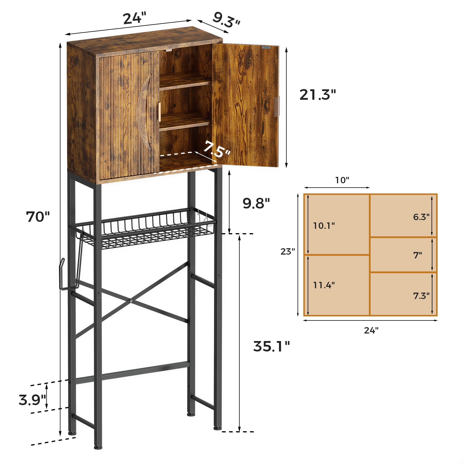 Biemlerfn Over the Toilet Storage Cabinet, Bathroom Storage Organizer with Adjustable Shelf, Toilet Paper Holder & Hooks, Freestanding Space Saver, Brown