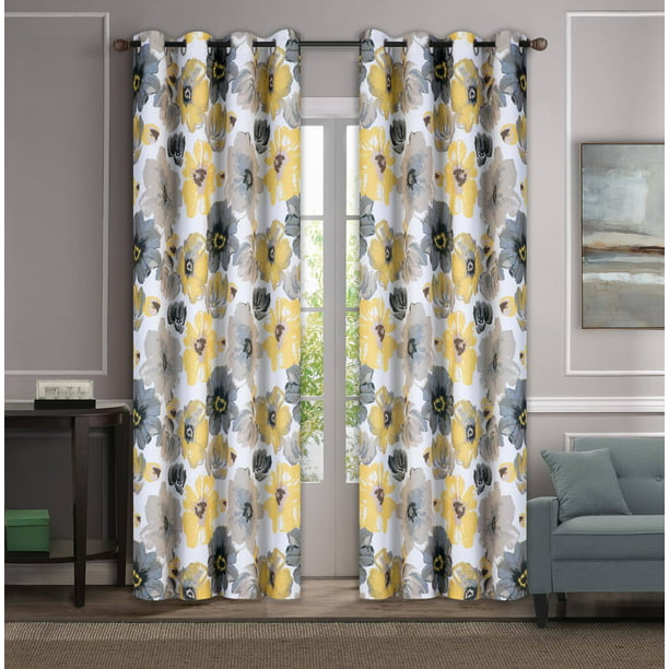 2pc Room Darkening Window Curtain, Yellow And Grey Blackout Curtains