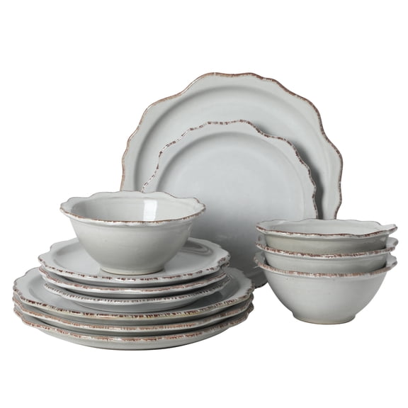 Gibson Elite Kennon Road Plates and Bowls Set, 12-Piece Dinnerware Set, White Scalloped Stoneware Dishes, Dinner Plates, Salad Plates & Cereal Bowls, Reactive Glaze