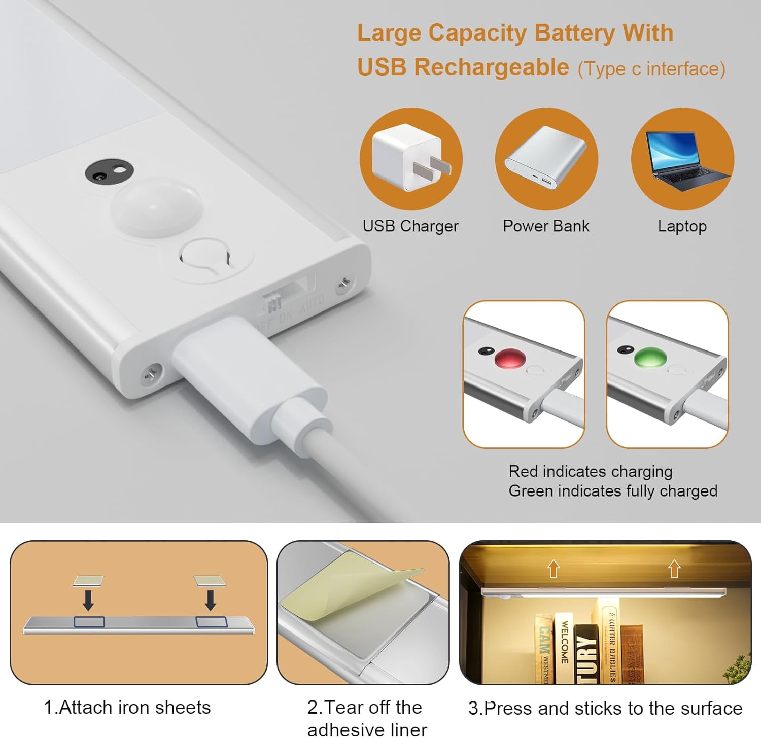 11.8" Rechargeable Under Cabinet Light with Motion Sensor, 3 Color Temperatures for Kitchen, Cabinet, Wardrobe