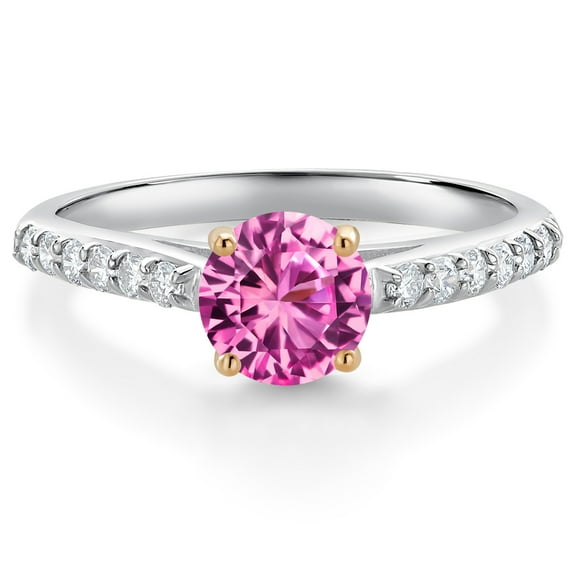 Gem Stone King 10K White Gold Pink Created Sapphire and White Lab Grown Diamond Engagement Ring for Women (1.18 Cttw, Round 6MM, Gemstone September Birthstone, Size 5)