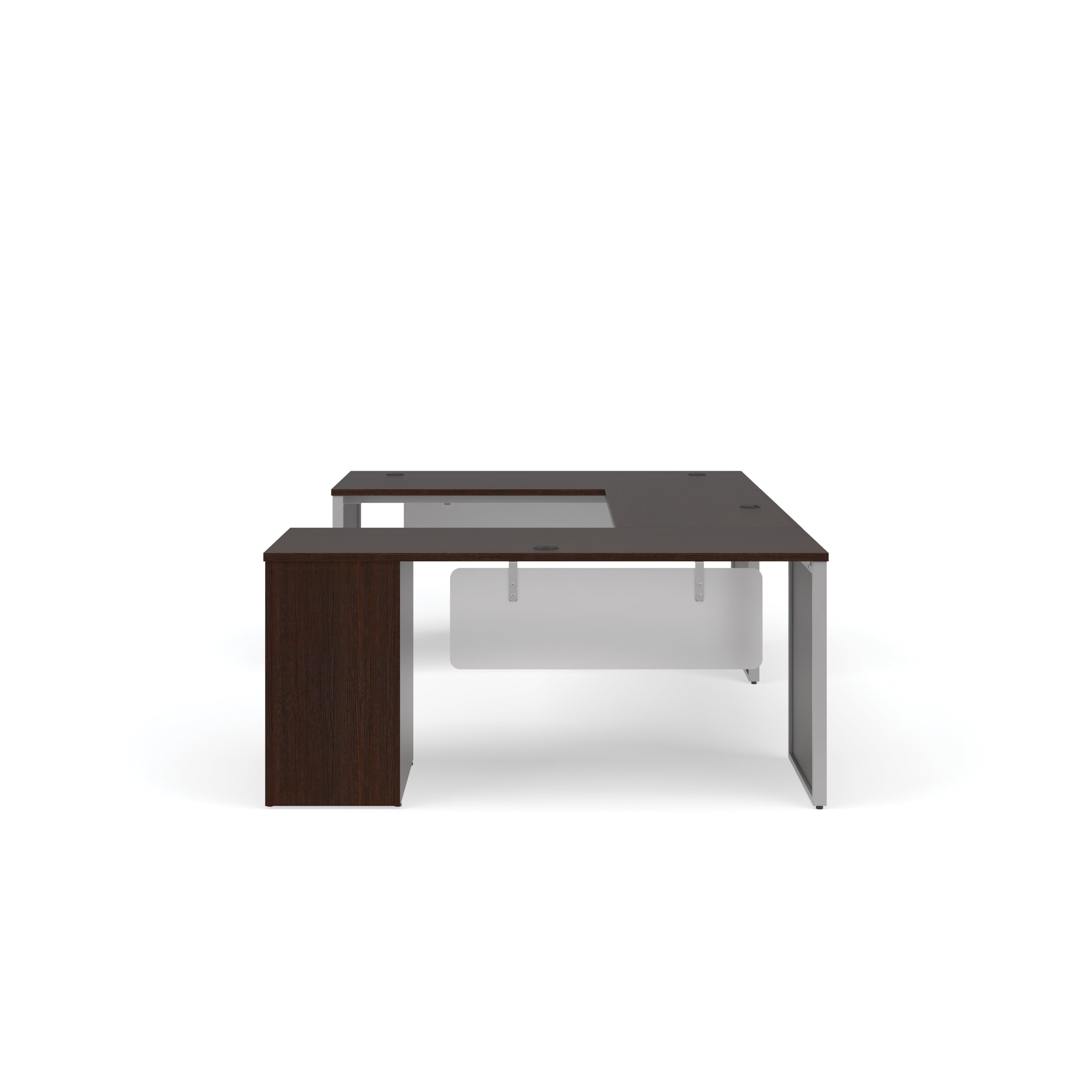 OFM Fulcrum Series Office Furniture Set, 66" U-Shaped Desk with Bridge, Credenza, 3-drawer Filing Cabinet, Leg Panels, Modesty Panels, in White