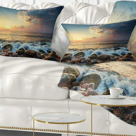 Designart Sunrise and Shining Waves in Sea - Seashore Throw Pillow - 12x20