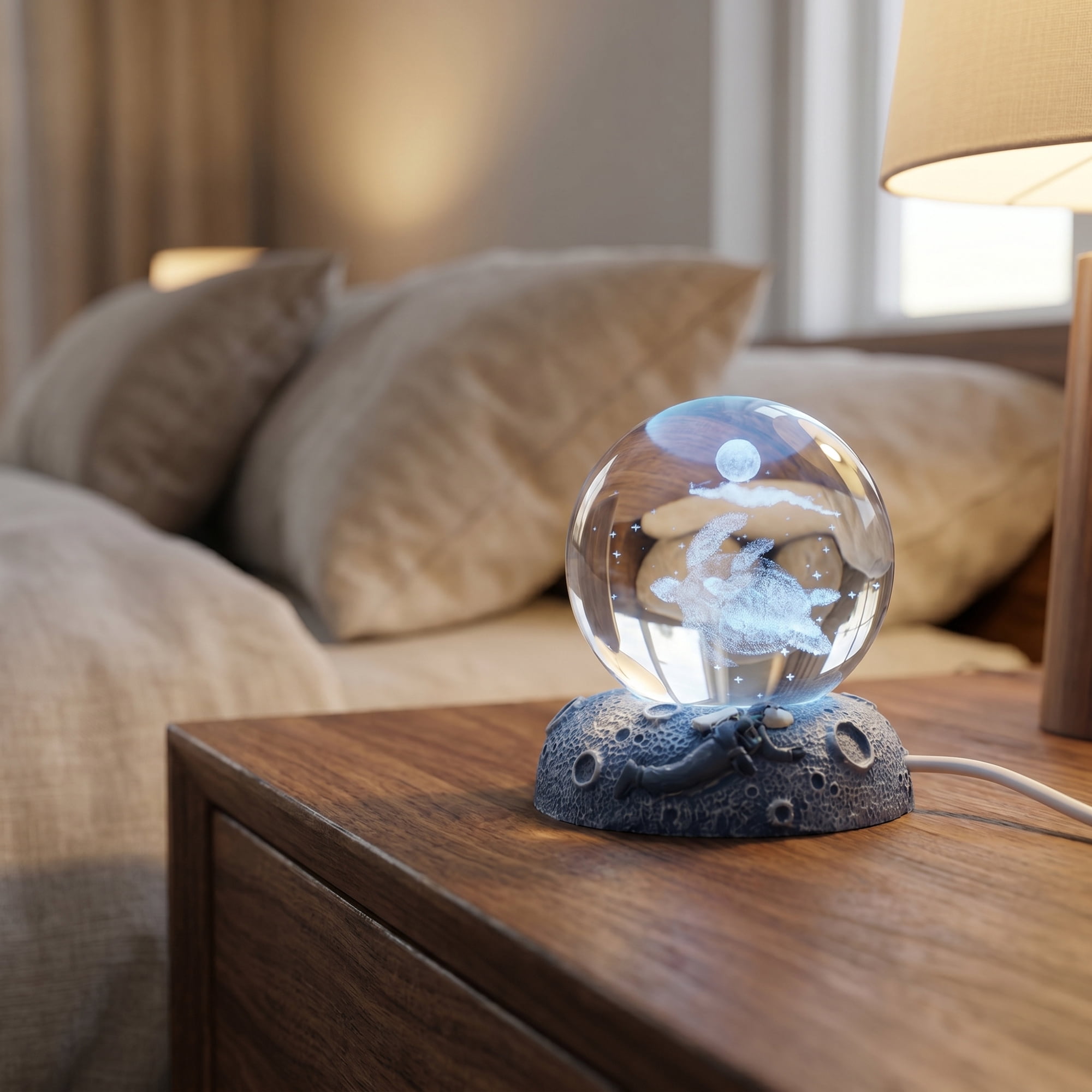 Unique Bargains Glowing Crystal Ball Figurine 3D Glass Ornament with LED Light Base Blue Style G 2.4"x2.4"x3.1"