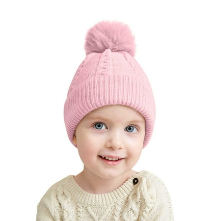 

BIZIZA Toddler Baby Hats Pompom Warm Caps Cute Solid Color Beanie for 6M-3Y Child Pink One Size