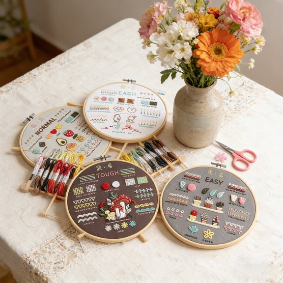 4Pcs Embroidery&cross Stitch Frames for Display, with Stamped Embroidery Patterns, Hoop, Color Threads,tools,easy To Follow Instruction, for Craft Lover Hand Stitch