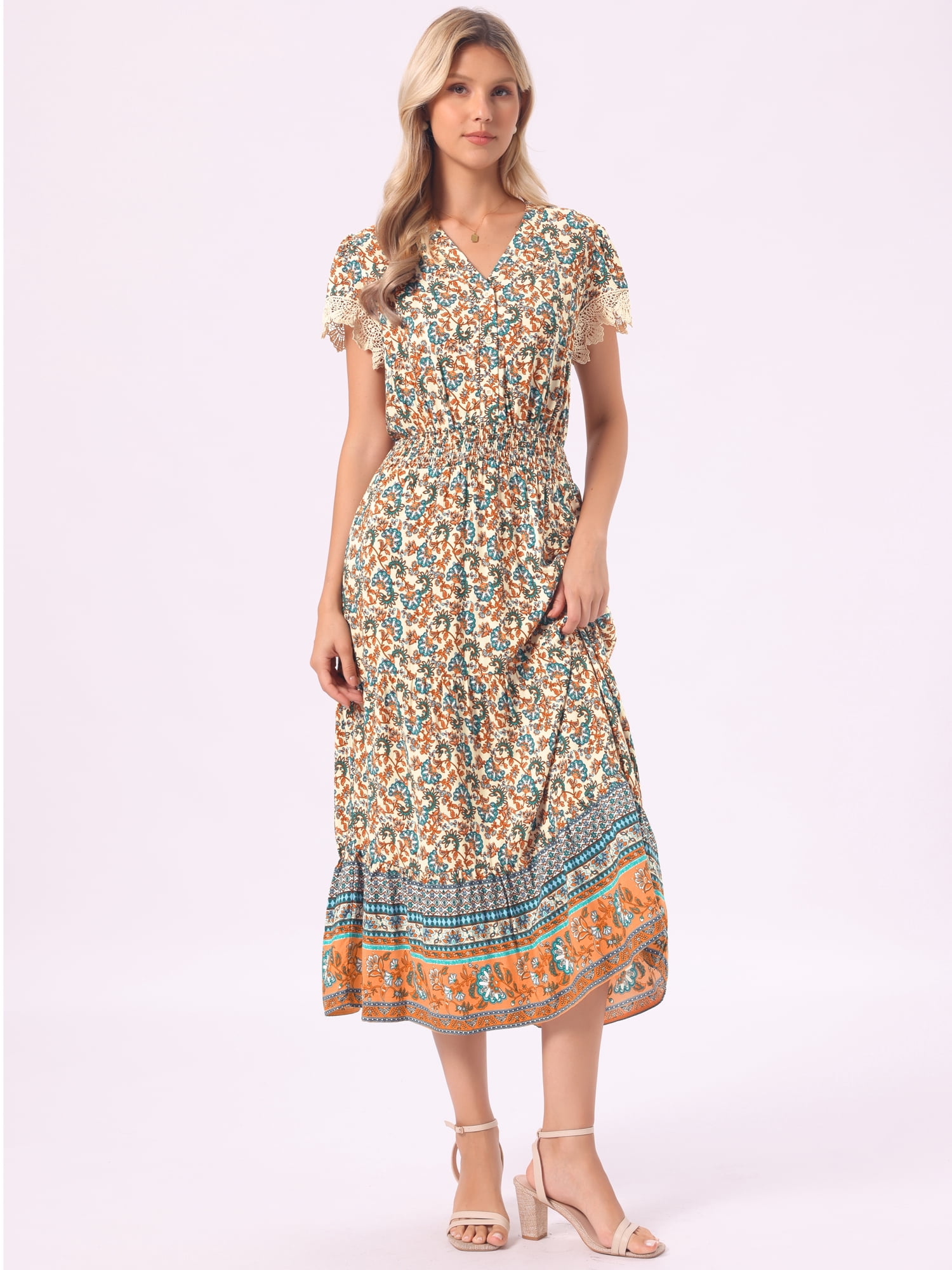 DARING DIVA Women's A-Line Floral Tiered Flowy Cap Sleeve Maxi Boho Dresses S Apricot