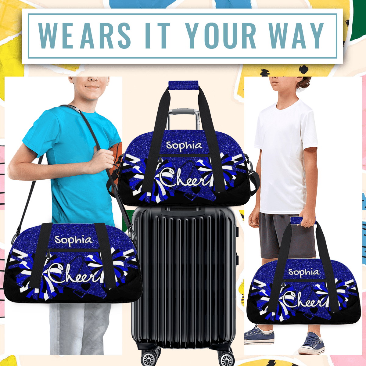 Jiaoprinted Personalized Sport Duffel Bag, Custom Cheer Dance Bag with Name, Customized Sport Gym Bag for Cheerleaders, Travel Duffle Bag for Women, Blue Glitter