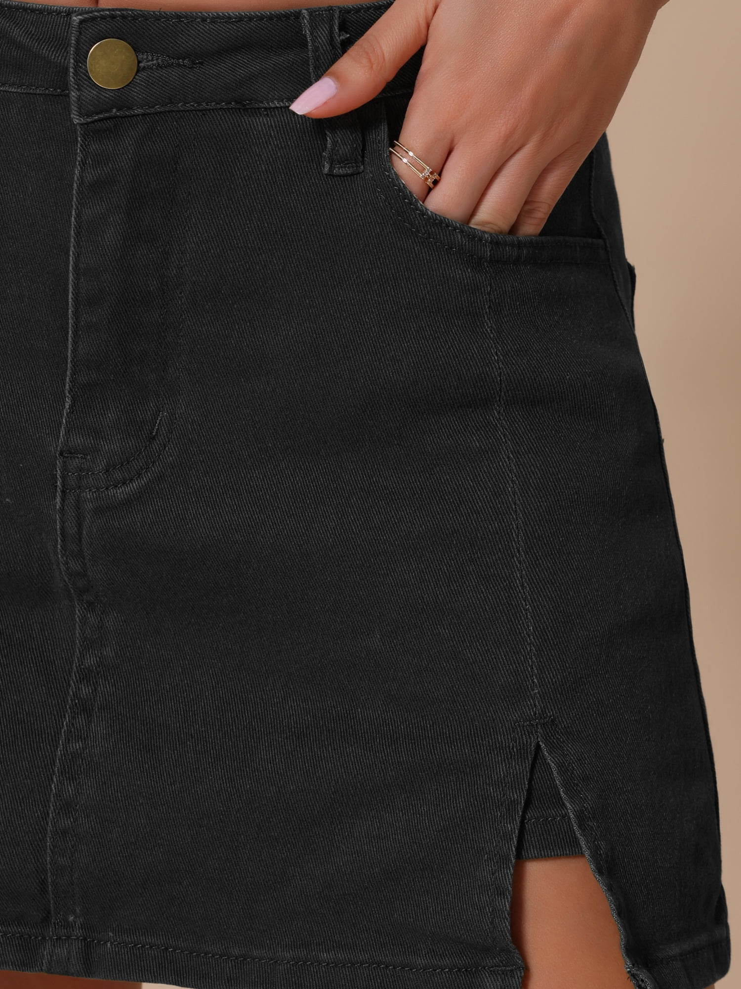 DARING DIVA Women's High Waisted A Line Stretchy Side Slit Mini Denim Skirt S Black