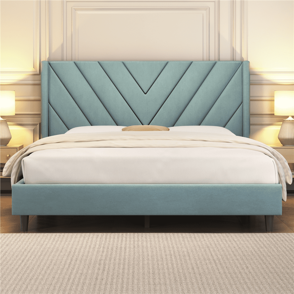 Fullfurnique Upholstered Platform Bed Frame with Tufted Headboard, Queen, Blue Lake