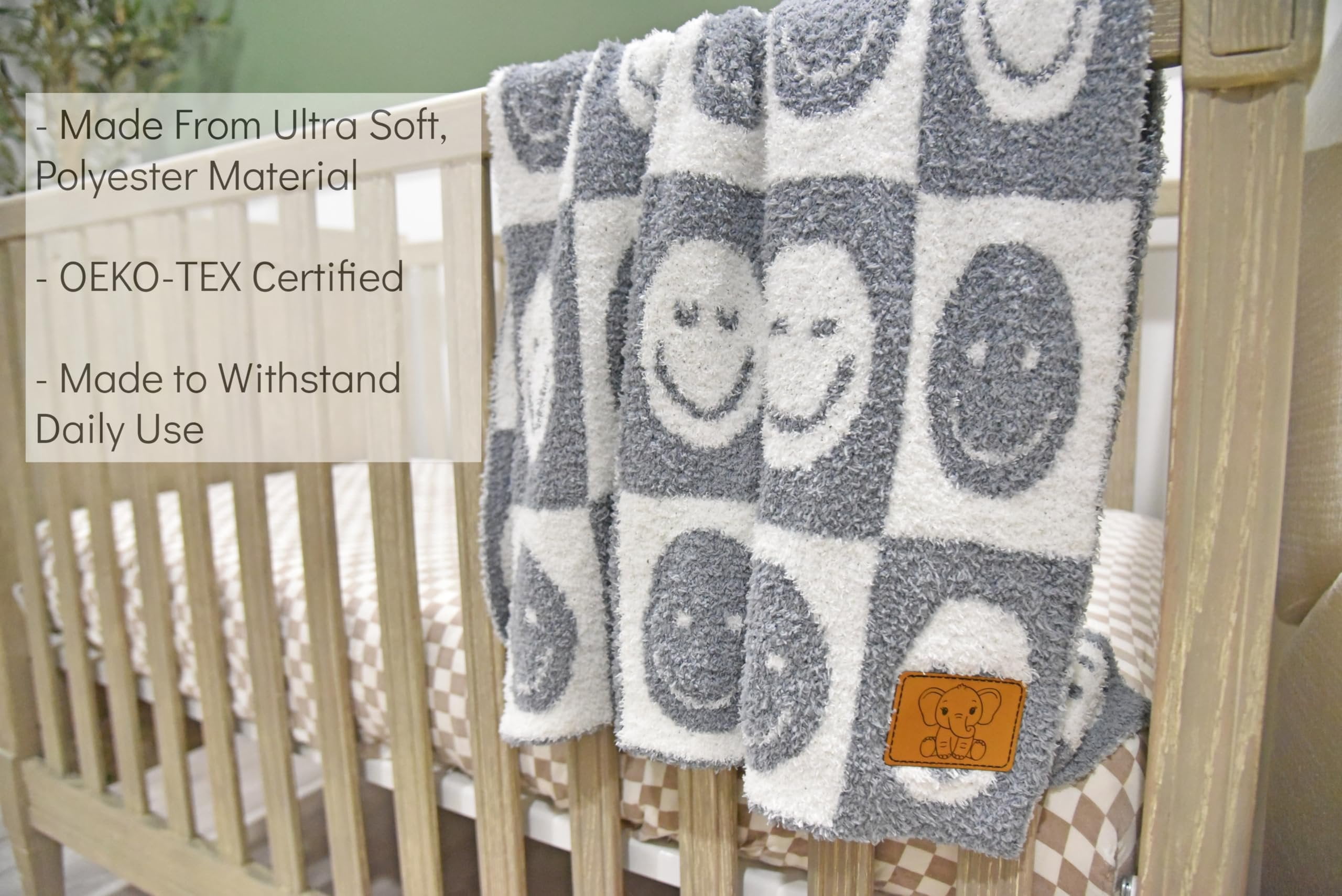 Checkered Smiley Face Baby Blanket 28"x40" with Leather Patch - Soft Knitted Throw - Receiving Blanket/Newborn Gift Gray/White