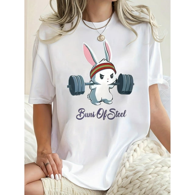 1pc Women'S Funny Workout Rabbit Print T-Shirt, Casual Crew Neck Short Sleeve, Polyester Knit Fabric, Medium Stretch, Animal Pattern, All-Season Comfort Fit Top Tee For Adult, Men, Women, Teen, Teena