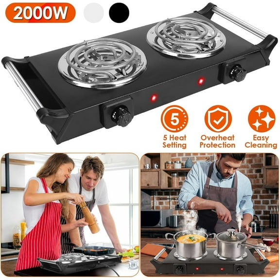 2000W Portable Electric Stove - Dual Burner Coil Heating Hot Plate with 5 Temperature Settings, Black
