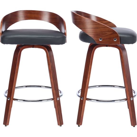 25" Counter Height Bar Stools Set of 2, Wood & PU Leather Counter Stools, Modern Swivel Bar Stools for Kitchen Counter Island, Barstool Chairs, Sillas Para Barra de Cocina (Black, 2 Pcs)