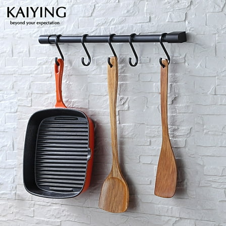 KAIYING Kitchen Utensil Rack with Removable S Hook for Hanging Pots and Pans, Black Rod Hooks for Mugs, Wall Mounted Kitchen Rail Organizer, Aluminum,(5 Hooks)
