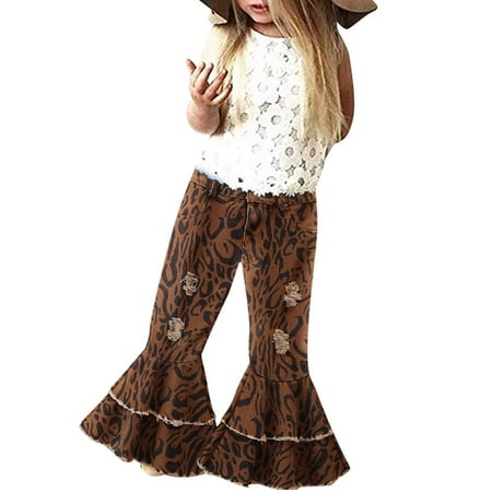 

MPWEGNP For Kids Ruffles Baby 16Y Toddler Ripped Girls Bell Pants Trousers Jeans Bottom Leopard Denim Two Flare Printed Girls Pants Jean Pants for Juniors Girls Little Girls Pants