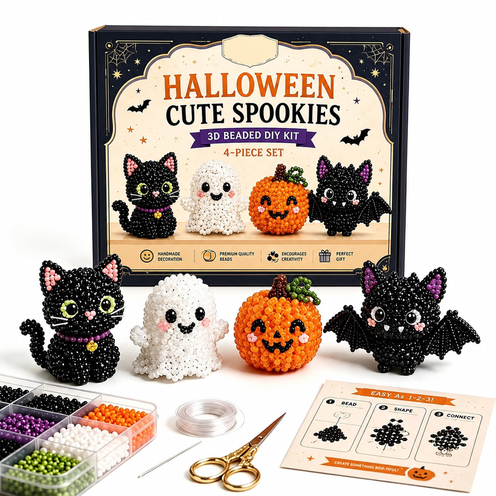 Mini 3D Beaded Animal Kit, Cute Pumpkin Ghost DIY Craft Bead Embroidery Set Gift for Stress Relief, for Adults, Teenagers, and Beginners