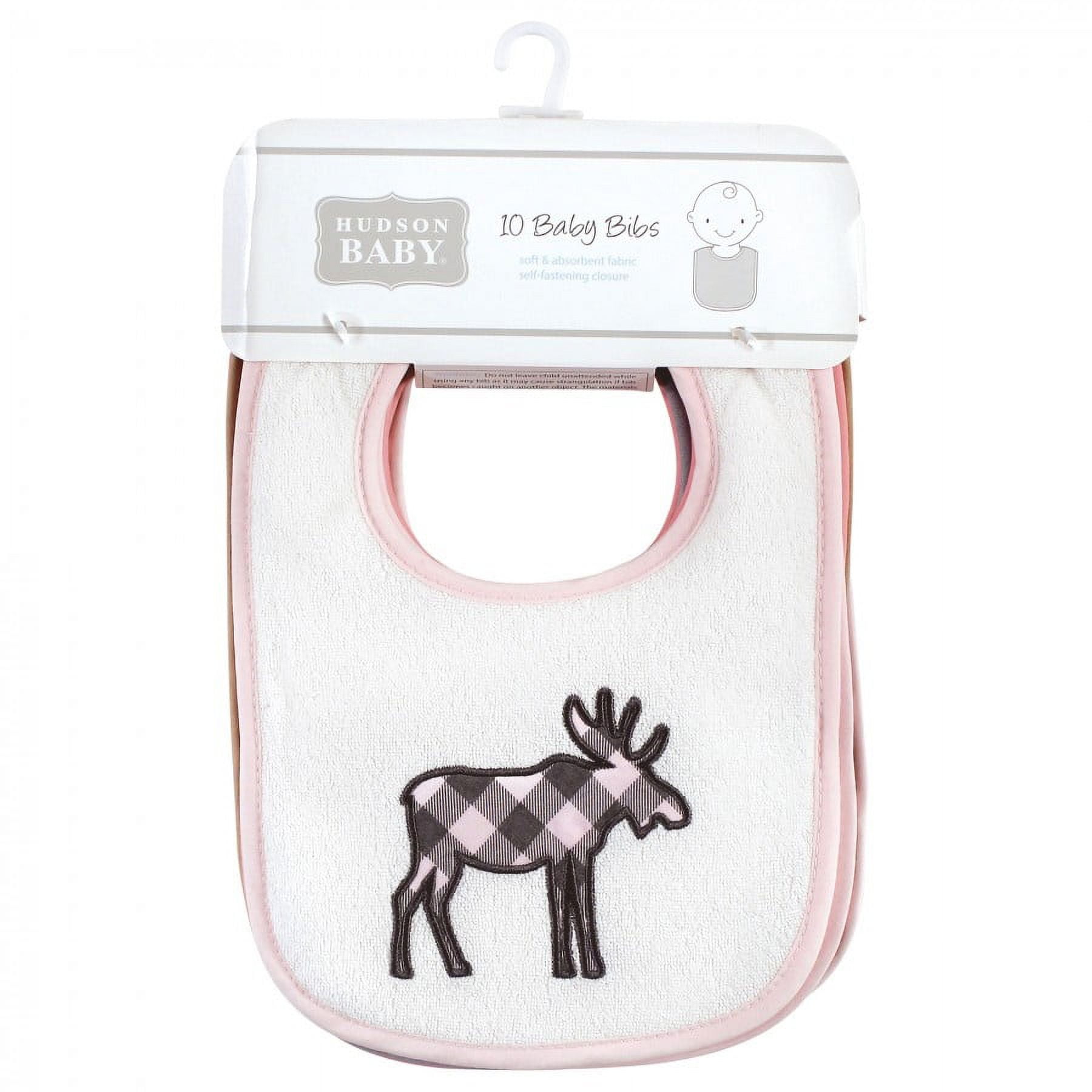 Hudson Baby Infant Girl Cotton Terry Drooler Bibs with Fiber Filling, Girl Moose Bear, One Size