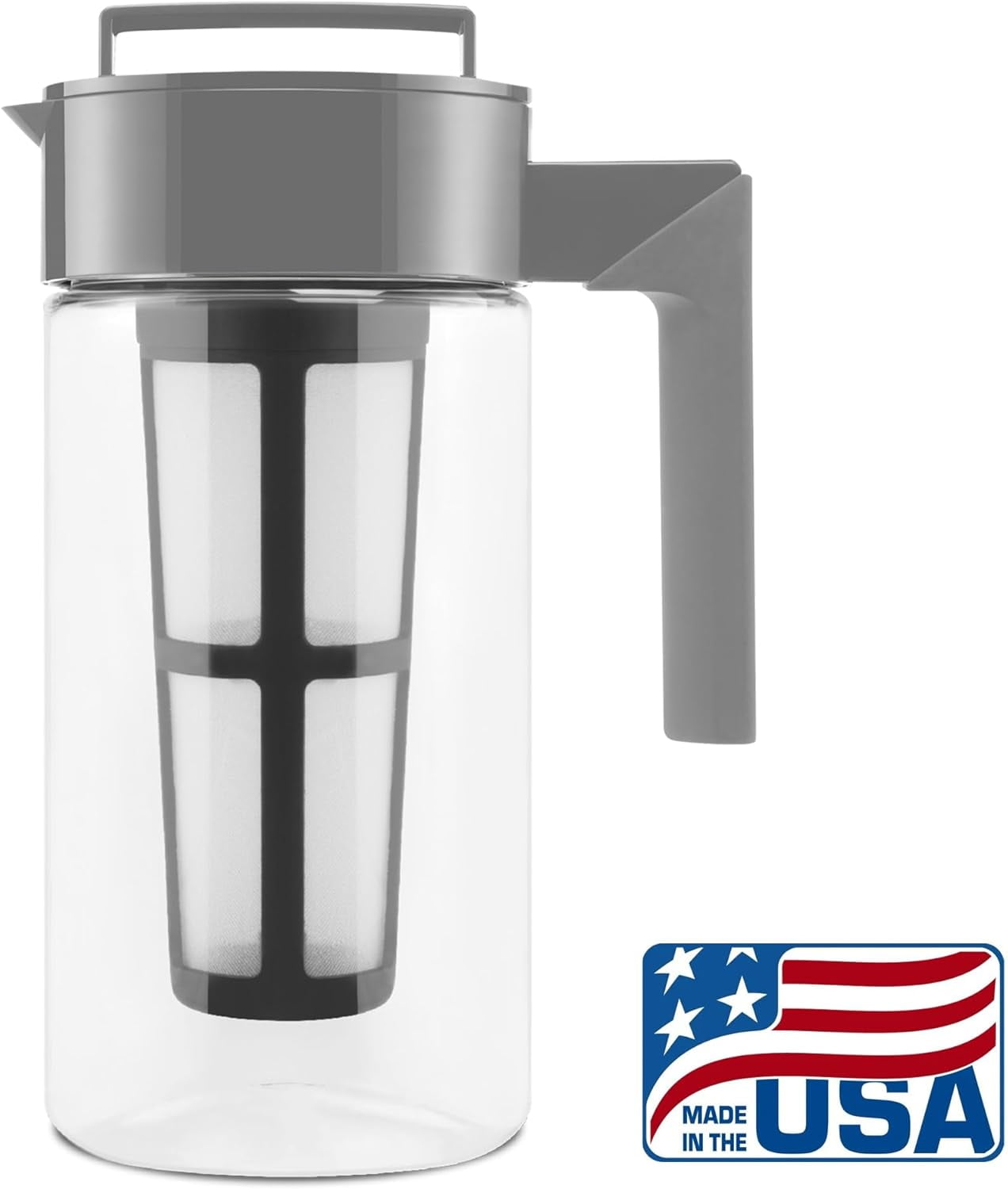 Takeya Patented Deluxe Cold Brew Coffee Maker with Grey Lid Airtight Pitcher, 1 Quart, Stone