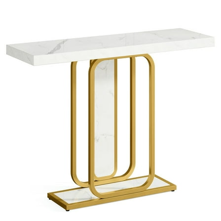 Yardi Yarda Modern Console Table, 41" Faux Marble Sofa Table with LED Lights, White & Gold