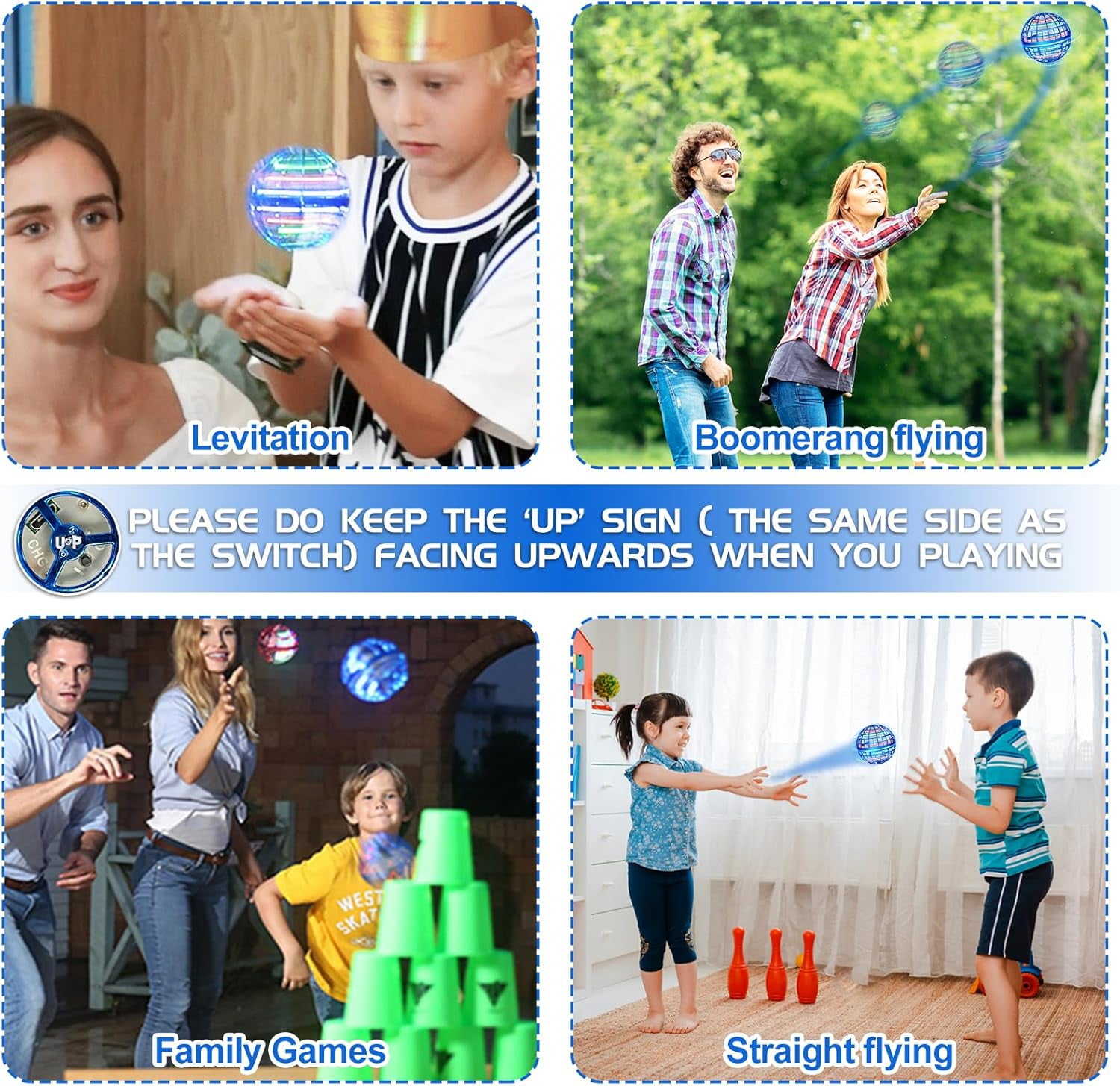 Flying Orb Ball (2Pcs, 2024 Upgraded) with Dazzling Lights, Hover Orb Spinner Toy, Hand Drone Orbit, Cool Toys Gifts for Boys Girls Teens, Floating Drone Cosmic Globe, Indoor Outdoor Toys(Blue)