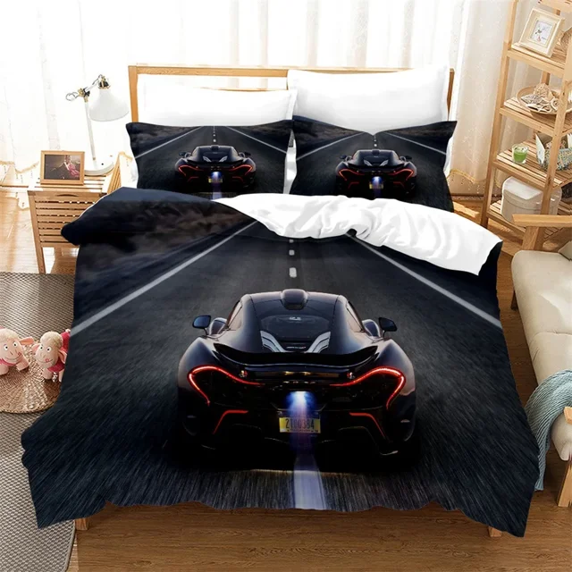Cars Vehicles Bedding 3 Piece Boys Bedroom Decor Quilt Cover Pillowcase Cars Racing Print Bed Linen Set King Queen for Adults