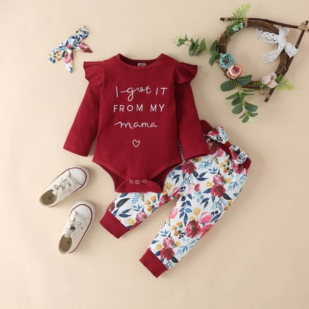 

Leutsin Toddler Baby Autumn Cotton Strip Embroidered Letters Flying Sleeve Romper + Floral Trousers + Three-piece Headband Suit