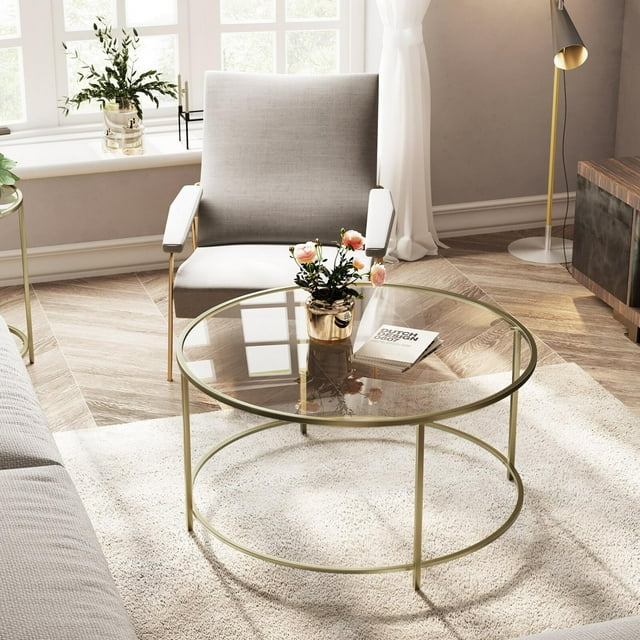 ViscoLogic Table Basse Ronde en Verre Clair de Style Mi-Siècle avec Cadre en Métal, Doré