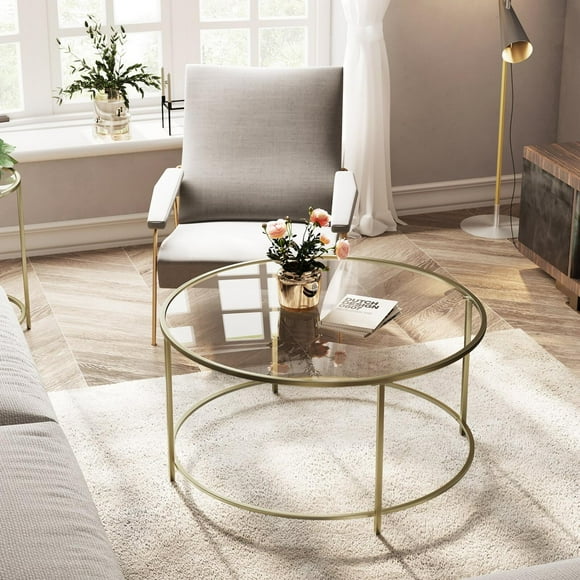 ViscoLogic Regal Mid-Century Round Clear Glass Coffee Table with Metal Frame, Golden