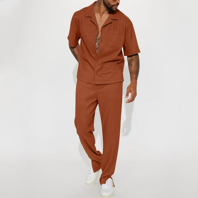 Weiqiqre Men's 2 Piece Vertical Striped Textured Outfits Summer Casual Button Down Shirts And Pants Matching Sets