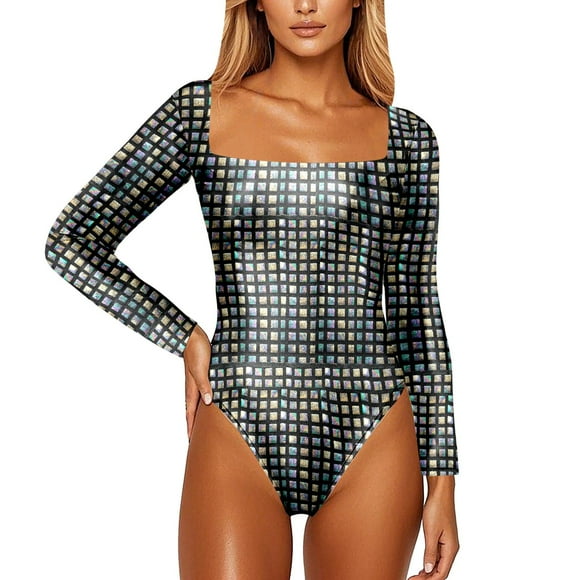 2025 Women Yoga Jumpsuits Shiny Women Waist Trainer with Zipper Metallic Pvc Leather Square Sweat Trainer Waist Women Neck Long Sleeve Leotard Contemporary Design Compression Garment Bodysuit