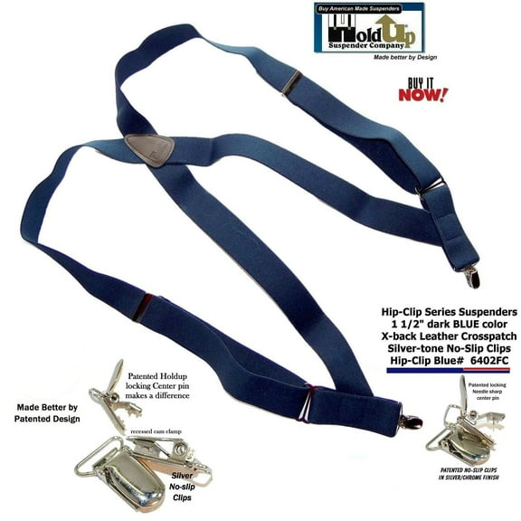 Hold-Ups Navy Blue Trucker Style Hip-clip Suspenders in 1 1/2" Width and USA Patented  No-slip Clips