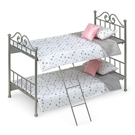 Badger Basket Scrollwork Metal Bunk Bed with Ladder, Bedding for 18 inch Dolls - Silver/Pink