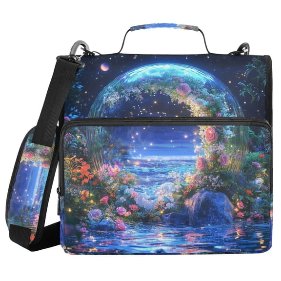 FORMRS Zipper Binder with Shoulder Strap 2-inch Ring 500 Sheet Capacity File Bag, Beautiful Floral Moon