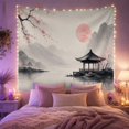 thumbnail image 2 of Asian Pavilion with Pink Sun and Misty Mountains, Serene Minimalist for Art Lovers, Asian Wall Art Decor, Housewarming Gift Tapestry Wall Hanging for Bedroom and Living Room, 2 of 7