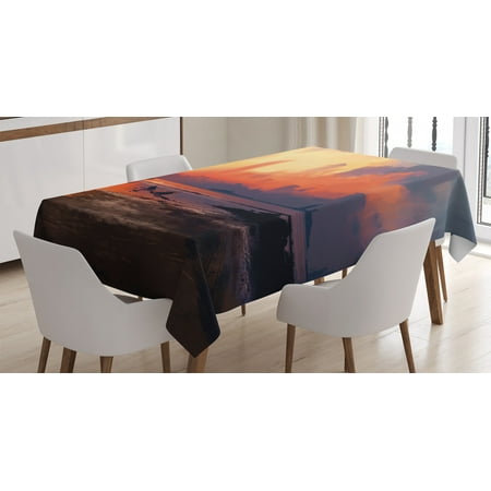 

Fantasy World Decor Tablecloth Man on Sandy Beach with City Skyscrapers Skyline Sunset Oil Graphic Rectangular Table Cover for Dining Room Kitchen 52 X 70 Inches Orange Blue by Ambesonne