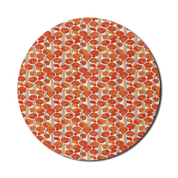 Floral Mouse Pad for Computers, Art Nouveau Style Poppy Flowers Retro Spring Summer Garden Foliage Petals, Round Non-Slip Thick Rubber Modern Gaming Mousepad, 8" Round, Orange and Ivory, by Ambesonne