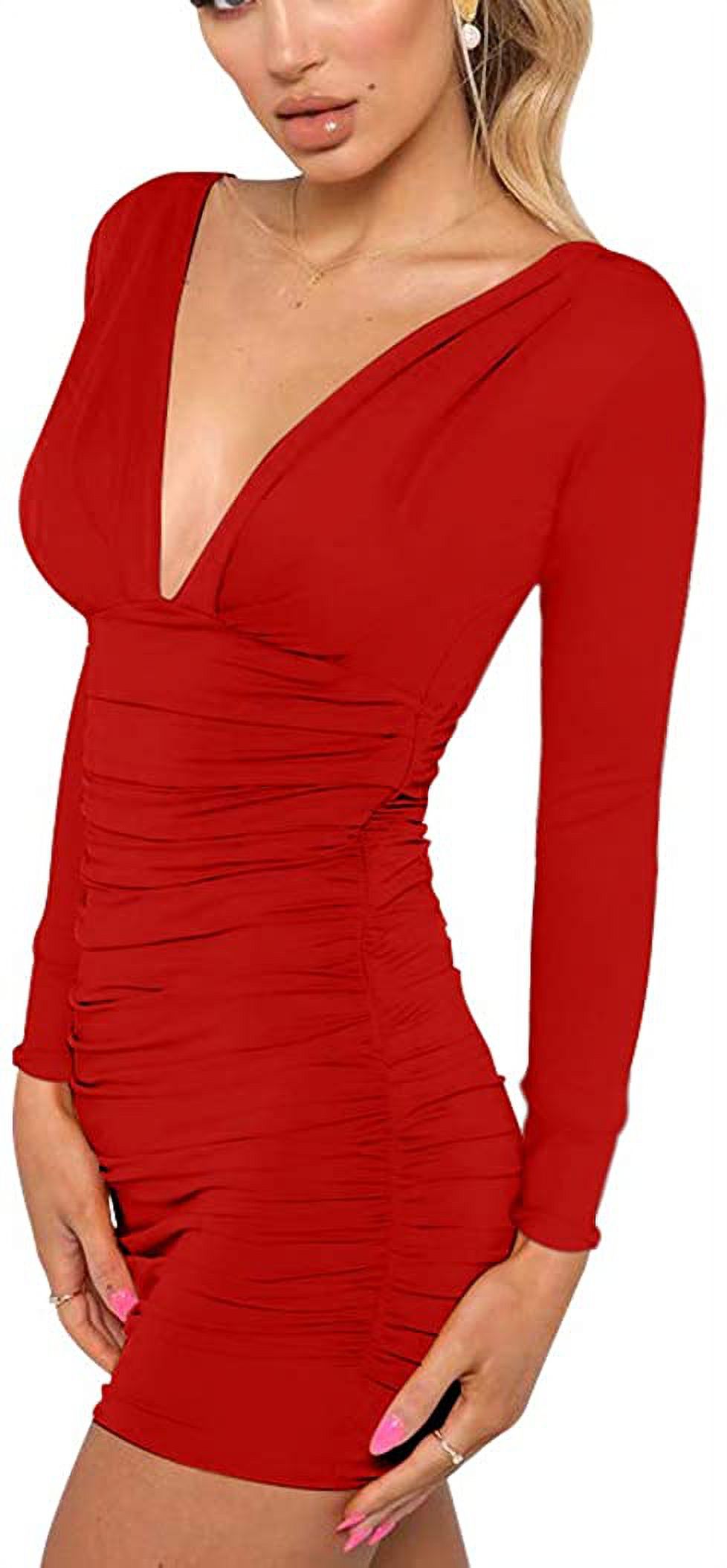 Women's Sexy Long Sleeve V Neck Ruched Bodycon Mini Party Cocktail ...