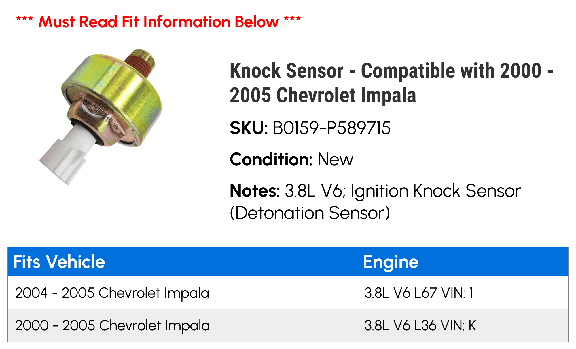 Knock Sensor - Compatible with 2000 - 2005 Chevy Impala 2001 2002 2003 2004