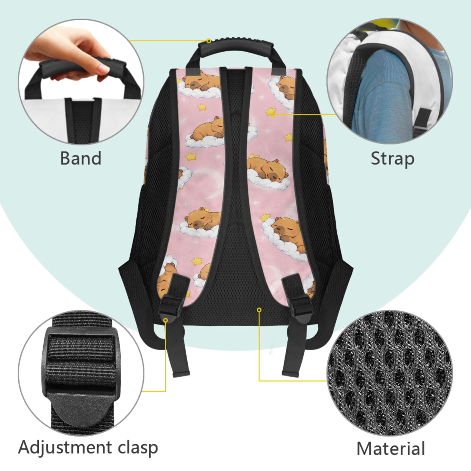 HUIACONG 4PCS Cute Capybara Kids Backpack Set Includes Bookbag, Lunch Box, Pencil Pouch, Water Bottle Sleeve 17 Inch Large Capacity Lightweight Build for Boys Girls Age 6-8