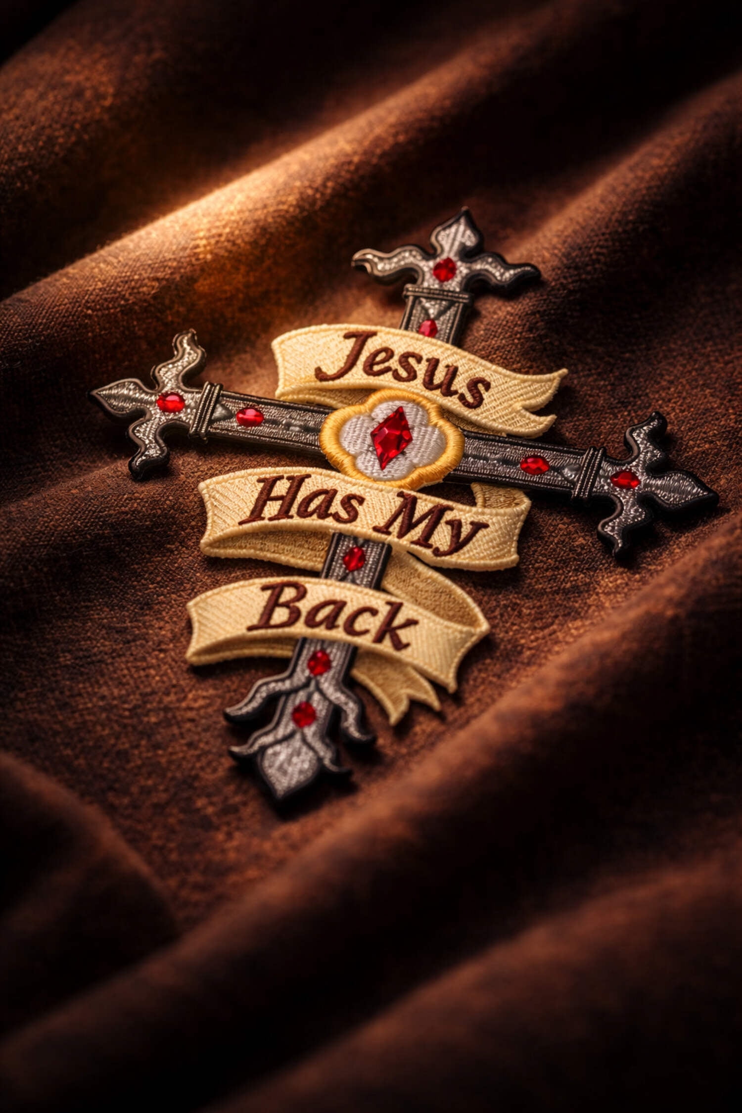 Holy Cross Jesus has My Back Embroidery Iron On/Sew Patch [6.5" x 4.87"]