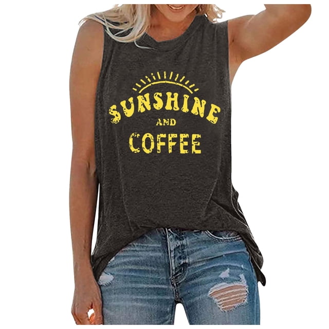 TINZ Débardeur pour Femmes et T-Shirt Sans Manches à Col Rond Imprimé Café T-Shirts Décontractés Manches Longues pour Femmes Graphique