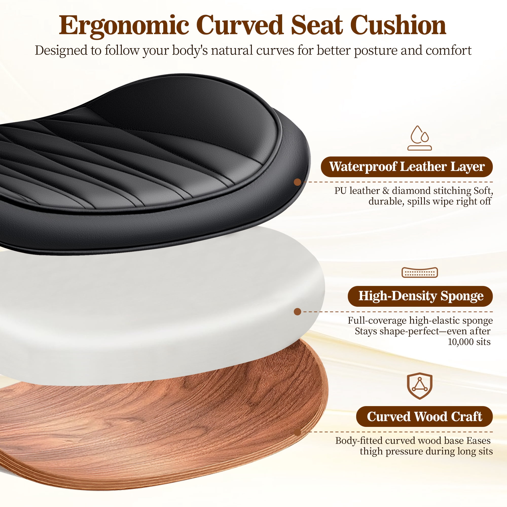 COOLHUT Home Office Chair, Armless Adjustable Height Small Office Desk Chair, PU Leather Swivel Computer Chair, Modern Walnut Bentwood Chair for Office, Reading Meeting Room, Makeup Vanity, Black