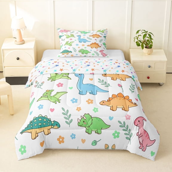Homewish Cartoon Dino Twin Comforter Sets,Cute Floral Bedding Set,White,Colorful Stars Reversible,2pcs,1 Comforter and 1 Pillowcase
