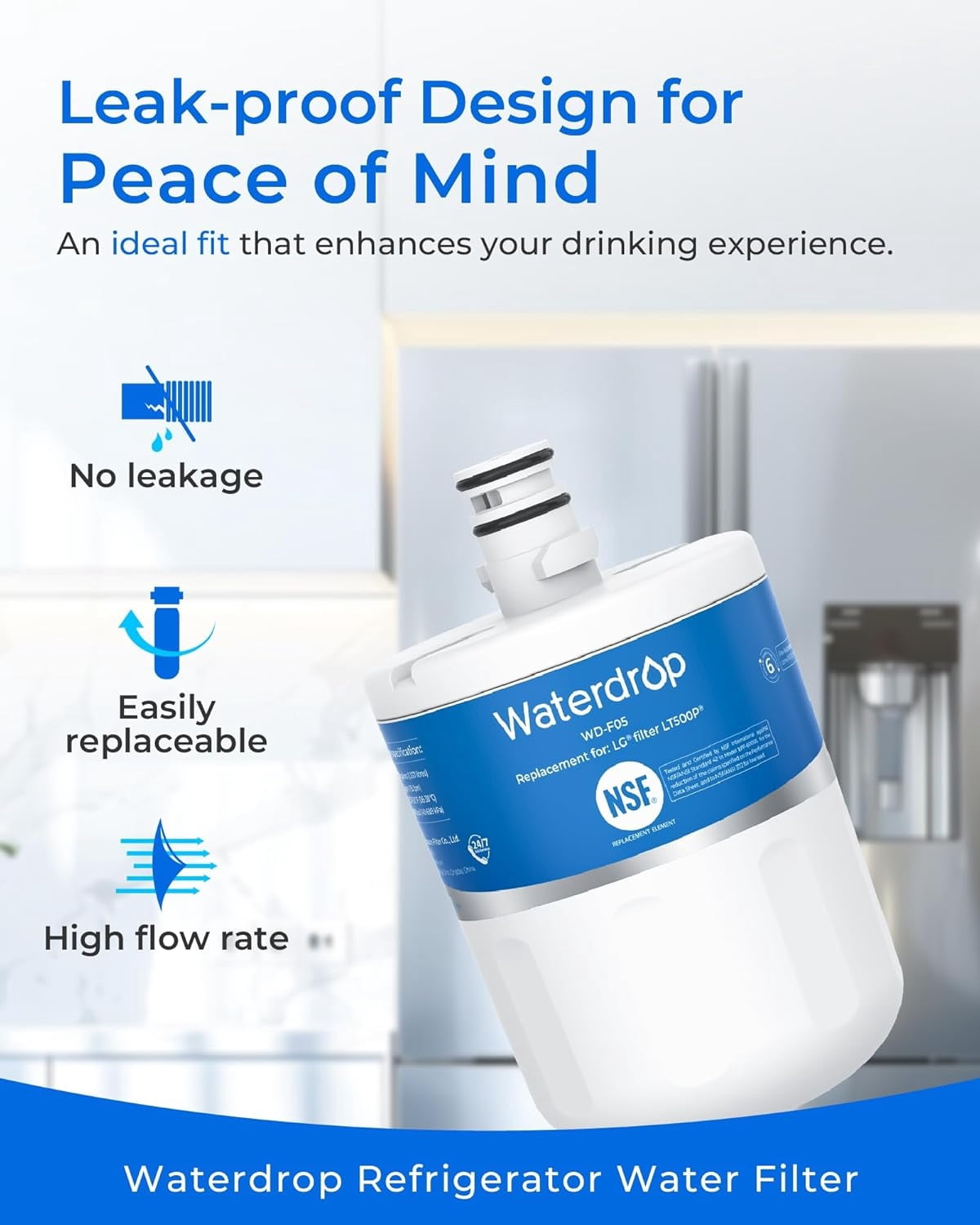 Waterdrop 5231JA2002A Refrigerator Water Filter, Replacement for LG® LT500P®, GEN11042FR-08, ADQ72910911, ADQ72910901, Kenmore 9890, 46-9890, LFX25974ST, LMX25964ST, 6 Pack (Pack may vary)