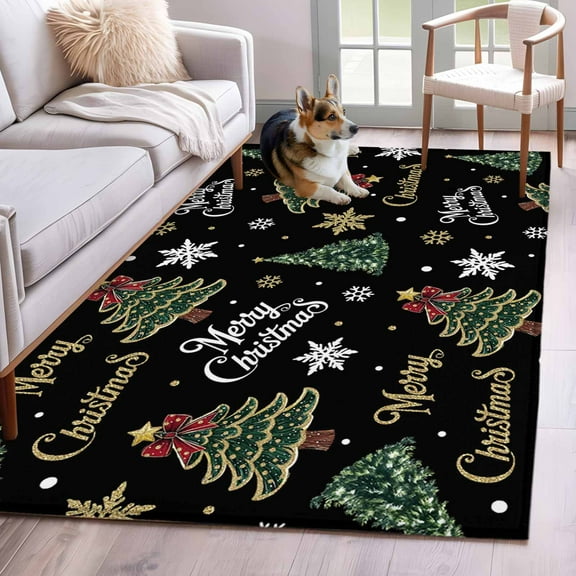 Black Christmas Area Rug 3x5 Washable Rug Non Slip Winter Green Pine Tree Gold Snowflake Large Area Rug Indoor Floor Carpet for Entryway Bedroom Kitchen Living Room Home Office Dining Room Nursery