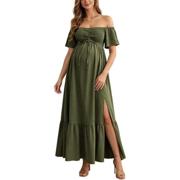 ShomPort Women's Off The Shoulder Dress for Maternity Flowy Maxi Dress Formal Baby Shower Photoshoot Dress