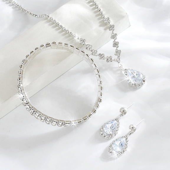 Faty-T Rhinestone Bridal Wedding Jewelry Set Silver Necklace Earrings Bracelet Sets Formal Prom Costume Jewelry Sets for Women