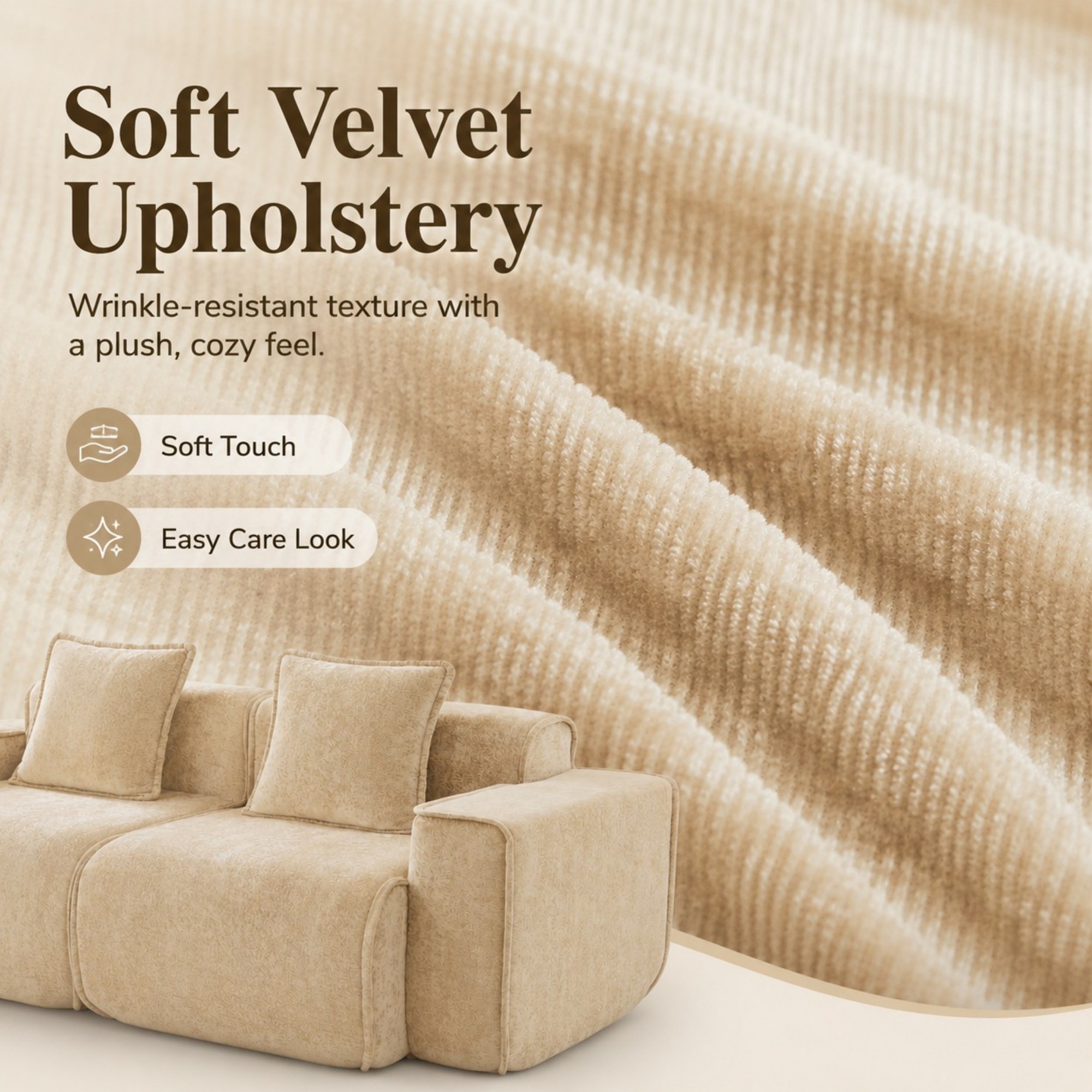 DEALTOPS 79" Modern Velvet Cloud Couch, 2-Seater Modular Loveseat with 2 Pillows, Beige